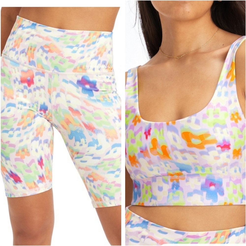 Fabletics Multicolor Abstract Print Bike Shorts (White Base)